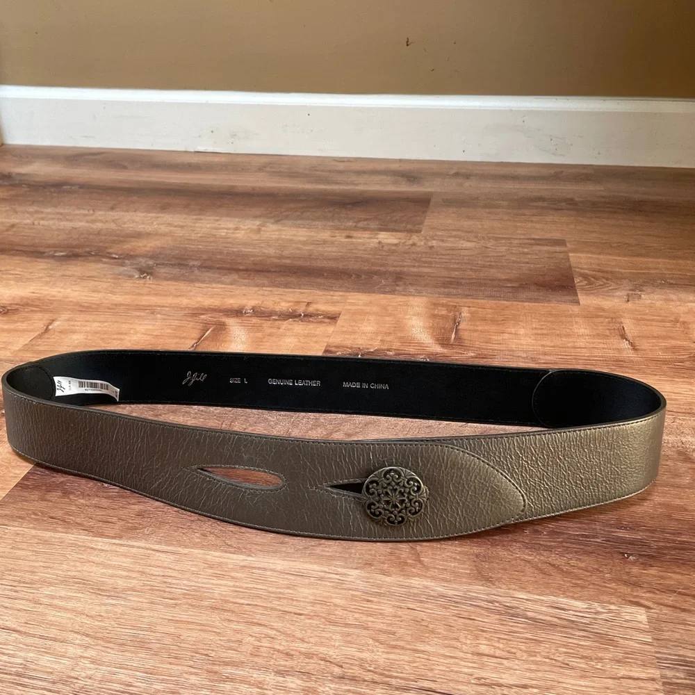 J Jill leather boho adjustable waist belt‎ LARGE brown metallic asymmetric art